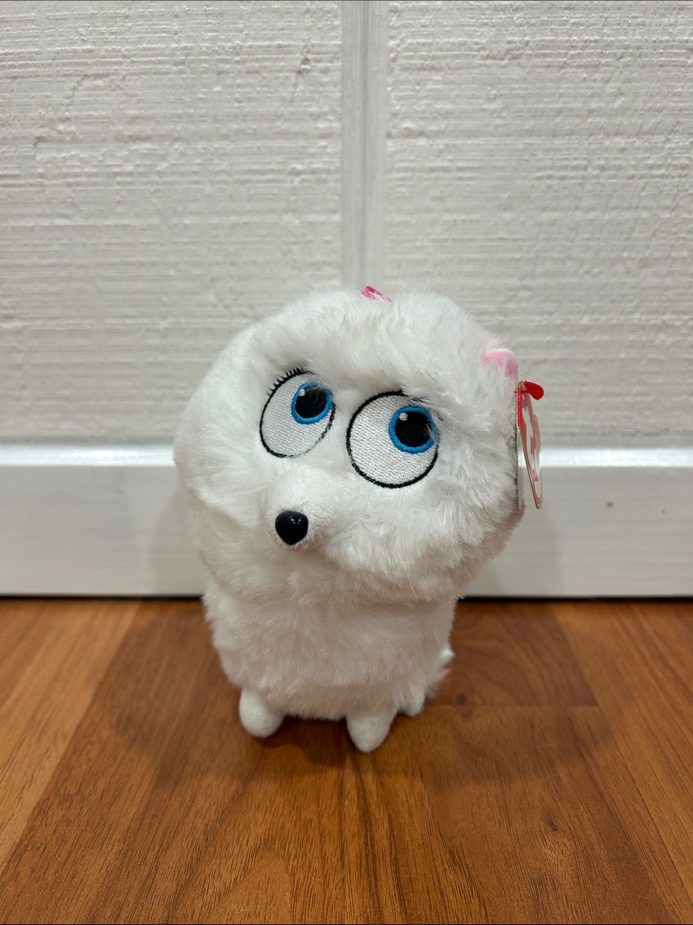 Ty White Plush Pomeranian with Blue Eyes and Pink Ear Accent